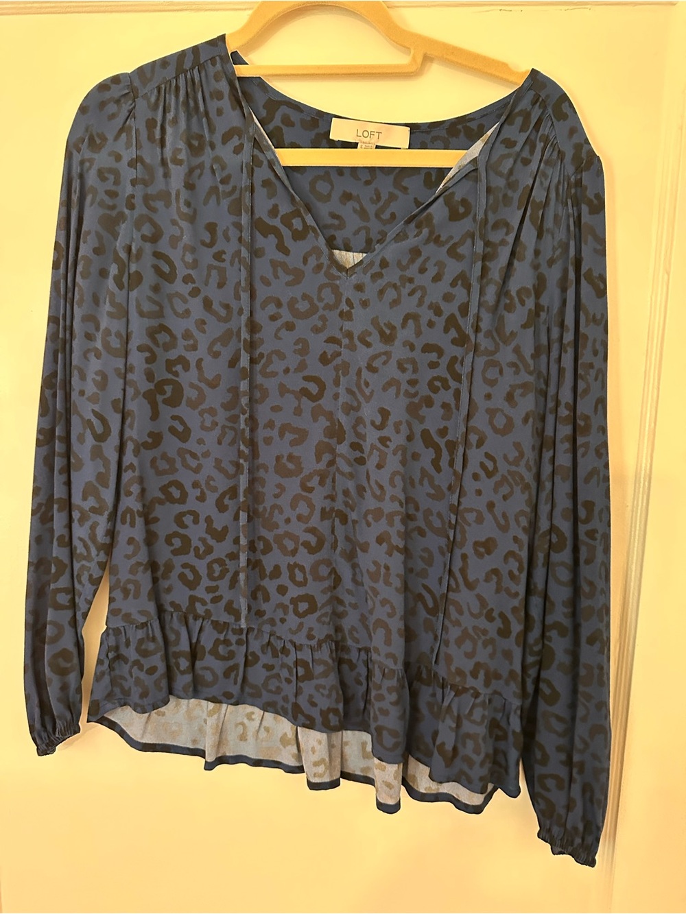 LOFT Blue and Black Leopard-Print Ruffle Hem V-Neck Blouse